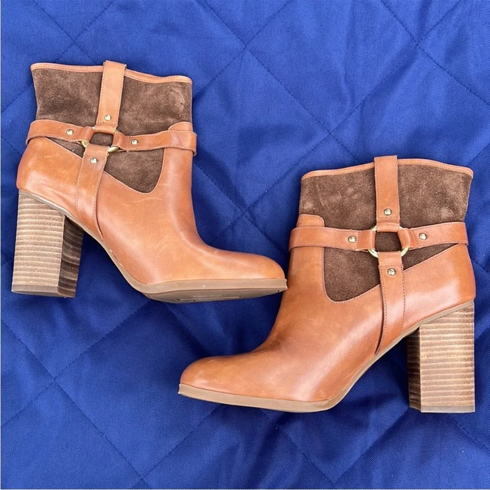 Ralph Lauren Women’s Dylan Tan Leather Brown Suede Gold Ankle Bootie Shoe Size 7